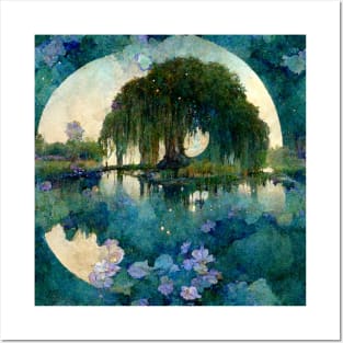 Beautiful Willow Tree Monet Impressionism Style Painting Full Moon Posters and Art